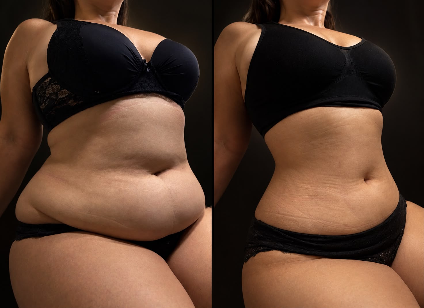 Antes e depois real de paciente da Clínica Caiena, evolução de contorno abdominal